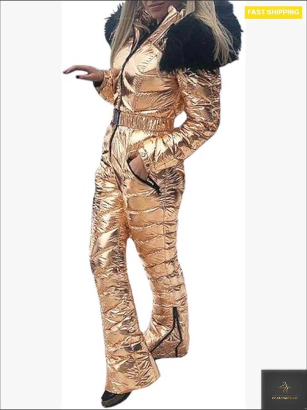 Windproof Waterproof Ski Suit One Piece Jumpsuit Fur Collar Winter Snowsuit